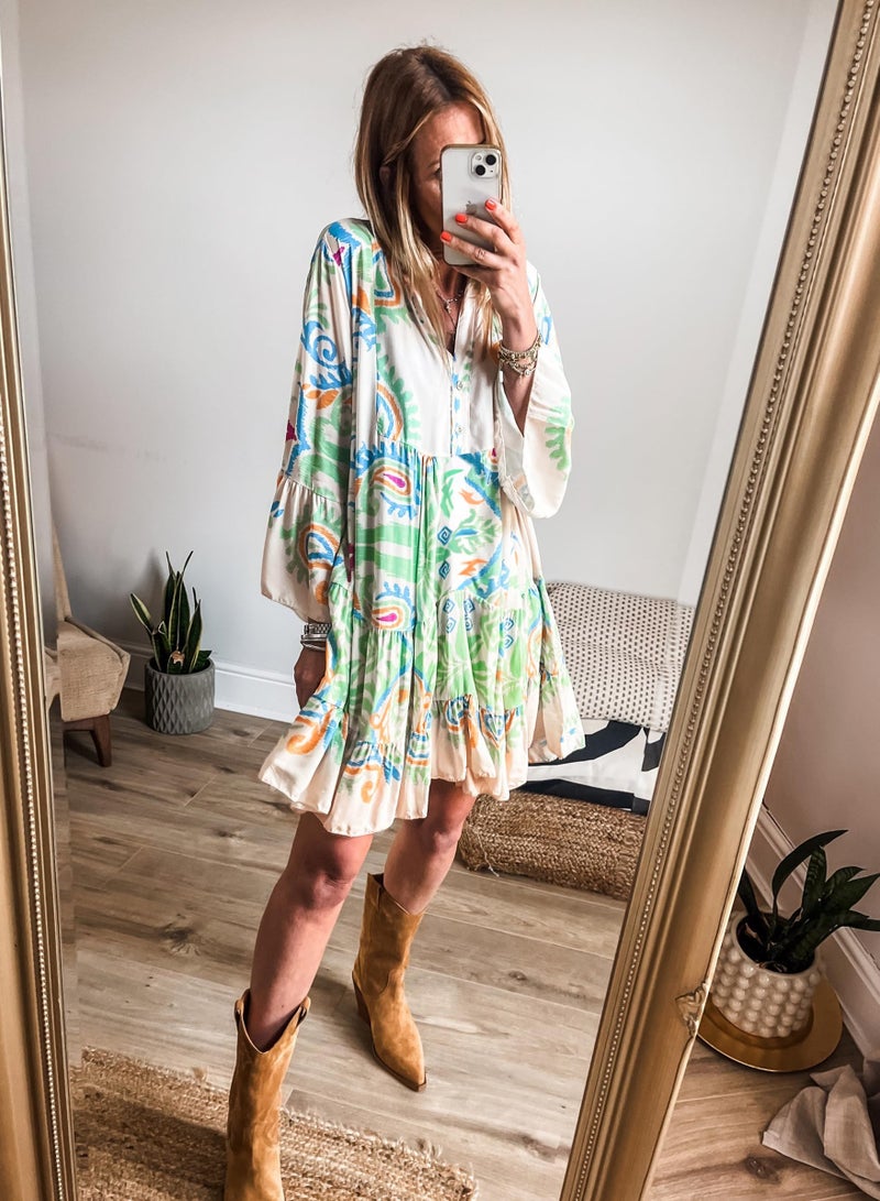 miduo Womens 2026 Spring Casual Dress V Neck 3/4 Sleeve Tribal Printed Pleated Babydoll Beach Party Dresses Light GreenXL - Image 2