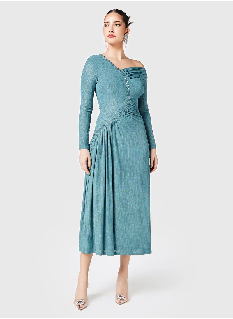 ثريدز باي اجوني Embellished Asymmetric Neck Gathered Dress