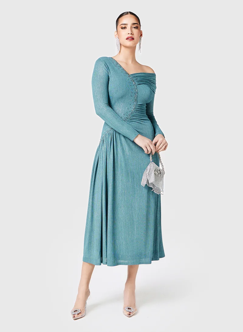 Threadz by Ajooni Embellished Asymmetric Neck Gathered Dress