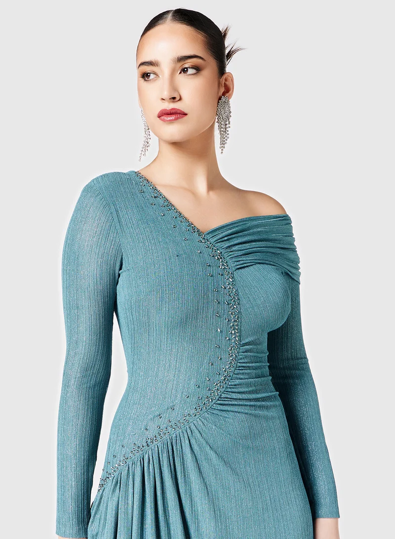 Threadz by Ajooni Embellished Asymmetric Neck Gathered Dress