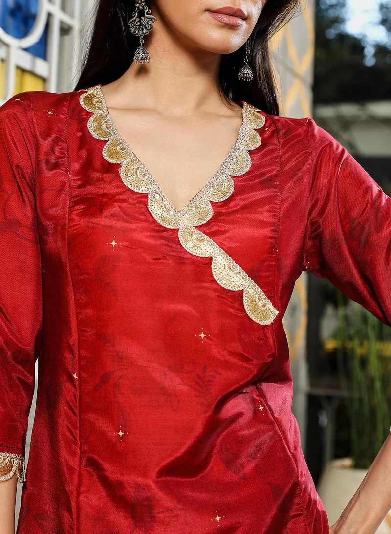 QISSA Women's Crimson Red Botanical Block Kurta With Trousers & Dupatta