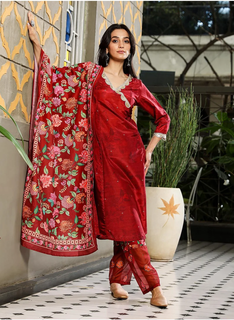 QISSA Women's Crimson Red Botanical Block Kurta With Trousers & Dupatta