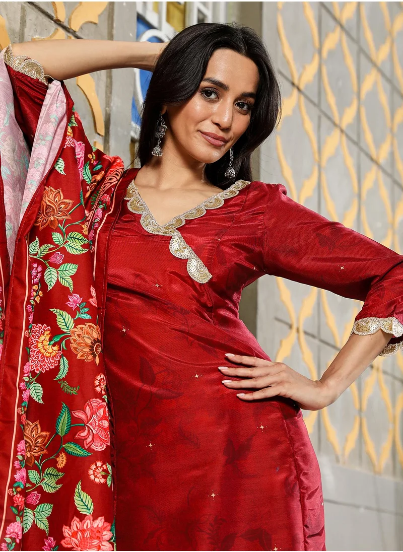 QISSA Women's Crimson Red Botanical Block Kurta With Trousers & Dupatta