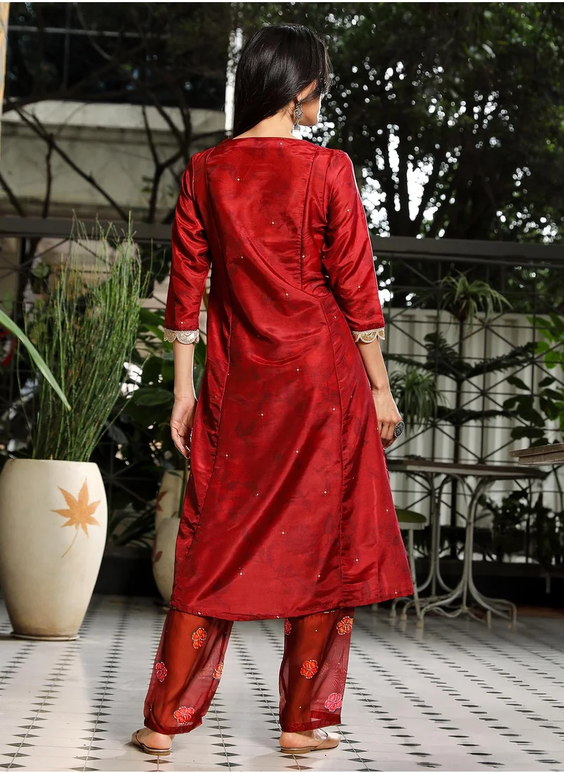 QISSA Women's Crimson Red Botanical Block Kurta With Trousers & Dupatta