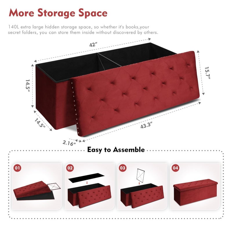 B FSOBEIIALEO Luxury Velvet Fabric Storage Ottoman Bench, Extra Large 140L Toy Chest Storage Boxes Footrest Bench for Bedroom, 43 Inches Red - Image 4