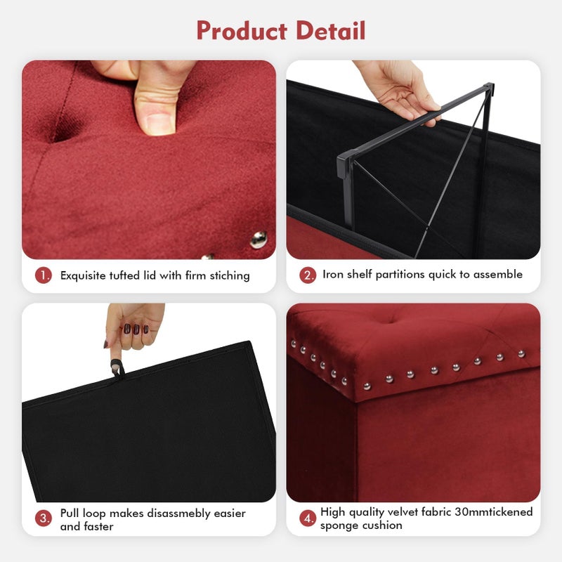 B FSOBEIIALEO Luxury Velvet Fabric Storage Ottoman Bench, Extra Large 140L Toy Chest Storage Boxes Footrest Bench for Bedroom, 43 Inches Red - Image 5