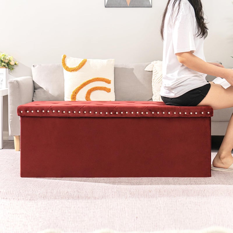 B FSOBEIIALEO Luxury Velvet Fabric Storage Ottoman Bench, Extra Large 140L Toy Chest Storage Boxes Footrest Bench for Bedroom, 43 Inches Red - Image 3