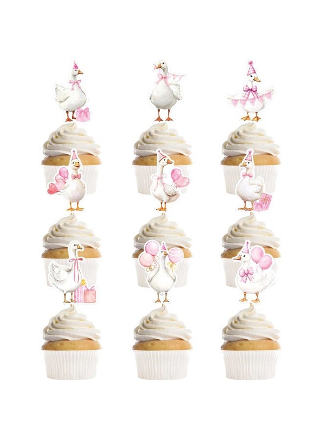 EoBeCy 36 Pcs One Funny Goose Birthday Decor for Girls, Cute Pink Goose Themed Cupcake Toppers, Fun Farm Animal Birthday Baby Shower Gender Reveal Party Supplies (9 Designs) - Image 1