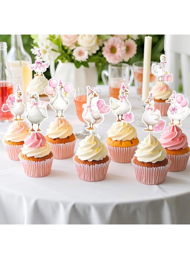 EoBeCy 36 Pcs One Funny Goose Birthday Decor for Girls, Cute Pink Goose Themed Cupcake Toppers, Fun Farm Animal Birthday Baby Shower Gender Reveal Party Supplies (9 Designs) - Image 5