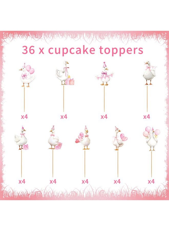 EoBeCy 36 Pcs One Funny Goose Birthday Decor for Girls, Cute Pink Goose Themed Cupcake Toppers, Fun Farm Animal Birthday Baby Shower Gender Reveal Party Supplies (9 Designs) - Image 2