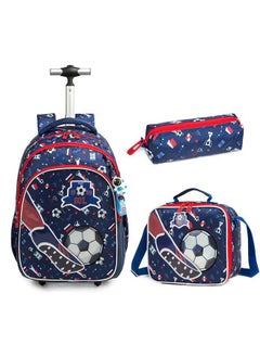 ZCM-HAPPY Rolling Backpack Wheeled Kids Backpack with Lunch Bag and Pencil Case for Boys and Girls,School Kids Rolling Backpack for With Wheels Trolley Wheeled Backpacks (football)  - Image 1