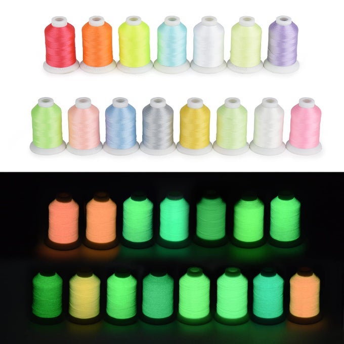 GLOWINTHEDARK EMBROIDERY MACHINE THREAD 15 COLORS 550 YARDS 30WT 100 POLYESTER WITH LONGLASTING GLOW PERFECT FOR MUSIC FESTIVALS PARTIES RAVES MORE
