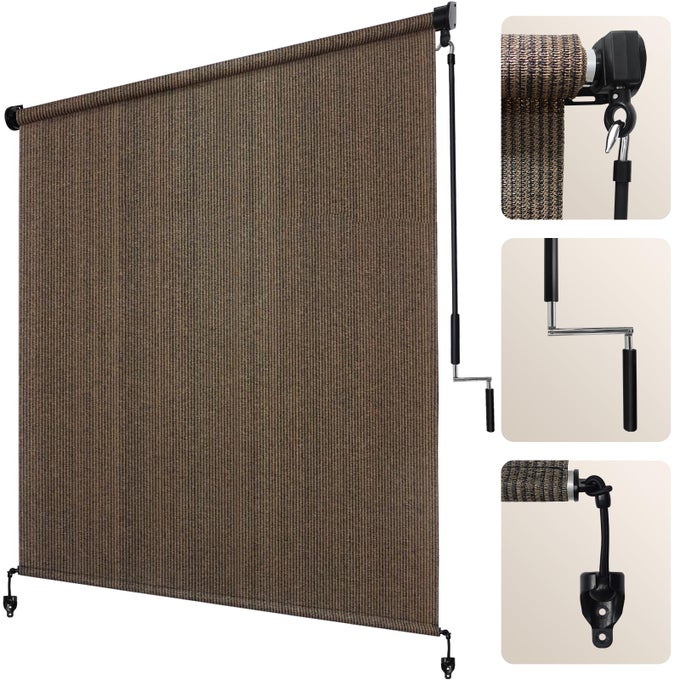 OUTDOOR ROLLER SHADE 8 W X 6 H MOCHA EXTERIOR CORDLESS PATIO SHADES ROLL UP BLINDS WITH SPLICED POLE DESIGN 2 POLES ONEPIECE FABRIC