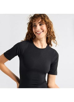 FAV Textured Bodycon Dress with Round Neck and Short Sleeves  - Image 4