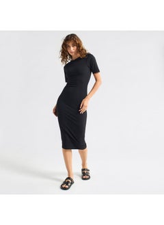 FAV Textured Bodycon Dress with Round Neck and Short Sleeves  - Image 1