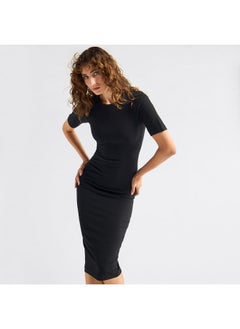 FAV Textured Bodycon Dress with Round Neck and Short Sleeves  - Image 2