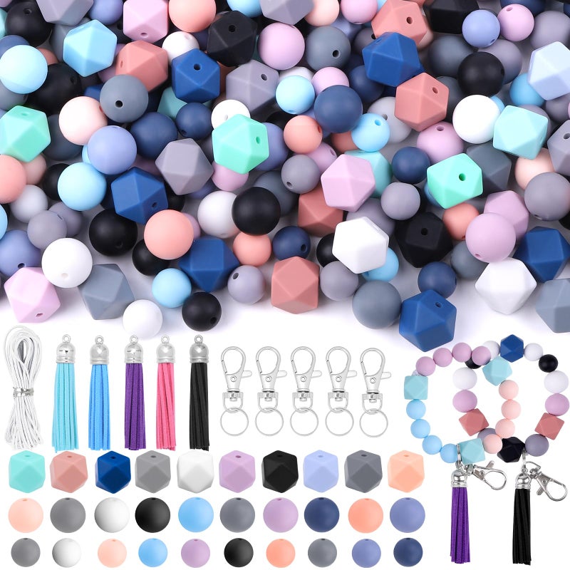 Vellibring 121 PCS Silicone Beads for Keychain Making Kit12mm 15mm Round 14mm Polygonal Rubber Beads Multicolor Bulk Silicone Loose Beads for DIY Necklace Bracelet Jewelry Making Supplies