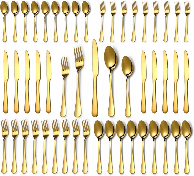 Lazycorner 50 Pcs Gold Silverware Set for 10 Food Grade Stainless Steel Flatware Set Include ForkKnifeSpoon Mirror Polished Eating Utensils Sets Reusable Silverwear Cutlery Set Dishwasher Safe - Image 1
