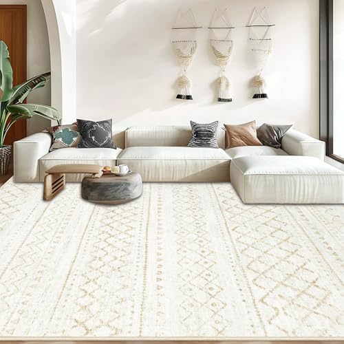 Aoyaomi Area Rug for Living Room 10x14: Large Washable Boho Moroccan Rugs Geometric Neutral Rug, Non-Slip Foldable Morden Farmhouse Indoor Floor Carpet for Bedroom Dining Room Home Office（Beige,10'x14'） - Image 2