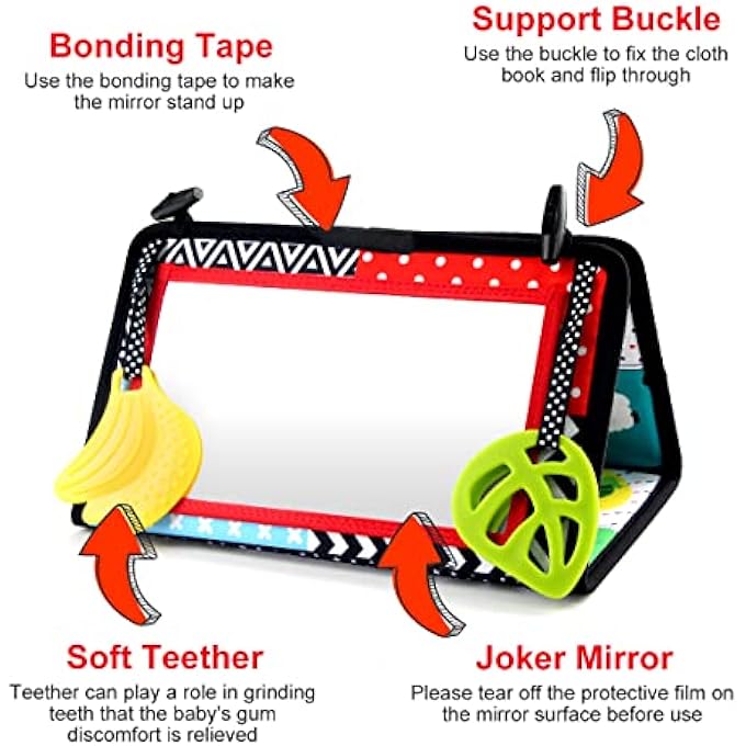 TUMMY TIME FLOOR MIRROR, HIGH CONTRAST BABY BOOK, SOFT CRINKLE CLOTH BOOK WITH TEETHERS, ACTIVITY SENSORY DEVELOPMENTAL GIFT TOYS FOR INFANTS NEWBORN BOYS GIRLS 0-12 MONTHS - Image 2