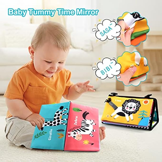 TUMMY TIME FLOOR MIRROR, HIGH CONTRAST BABY BOOK, SOFT CRINKLE CLOTH BOOK WITH TEETHERS, ACTIVITY SENSORY DEVELOPMENTAL GIFT TOYS FOR INFANTS NEWBORN BOYS GIRLS 0-12 MONTHS - Image 3