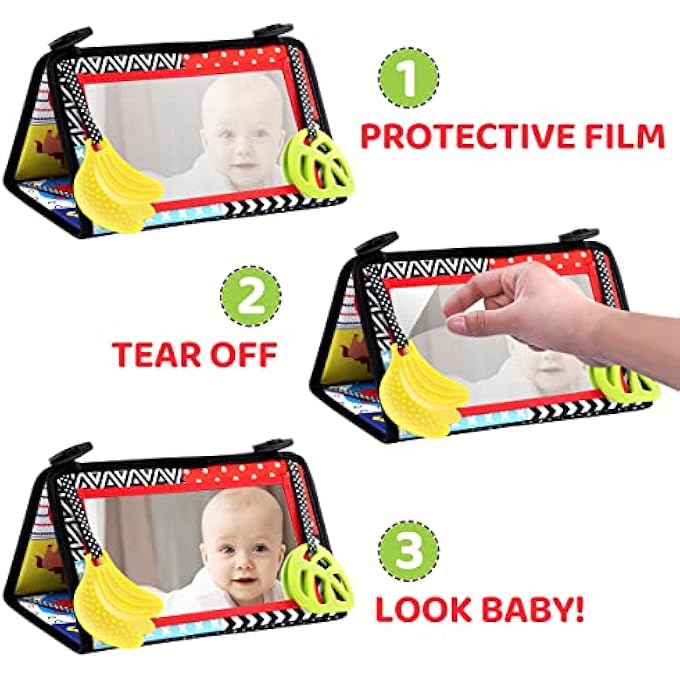 TUMMY TIME FLOOR MIRROR, HIGH CONTRAST BABY BOOK, SOFT CRINKLE CLOTH BOOK WITH TEETHERS, ACTIVITY SENSORY DEVELOPMENTAL GIFT TOYS FOR INFANTS NEWBORN BOYS GIRLS 0-12 MONTHS - Image 5