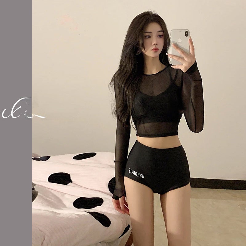 2024 New Fashion Two-Piece Long Sleeve Swimwear for Women Black