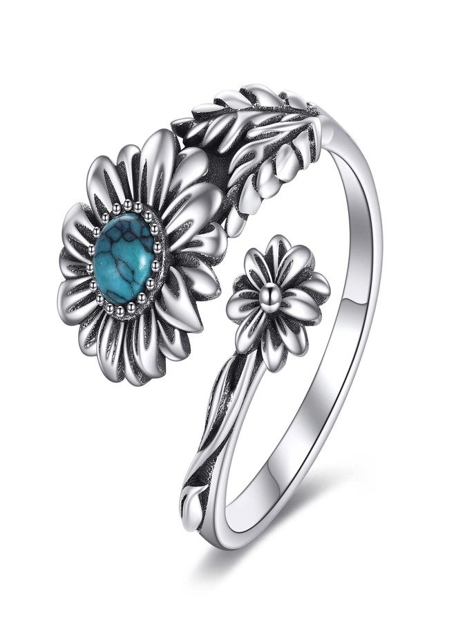 POPLYKE Sterling Silver Turquoise Daisy Spoon Ring Vintage Thumb Rings Boho Adjustable Open Ring Flower Jewelry Gifts for Women - Image 1