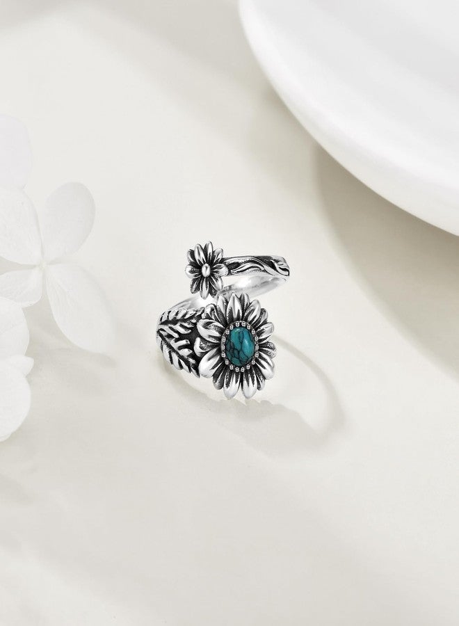 POPLYKE Sterling Silver Turquoise Daisy Spoon Ring Vintage Thumb Rings Boho Adjustable Open Ring Flower Jewelry Gifts for Women - Image 4