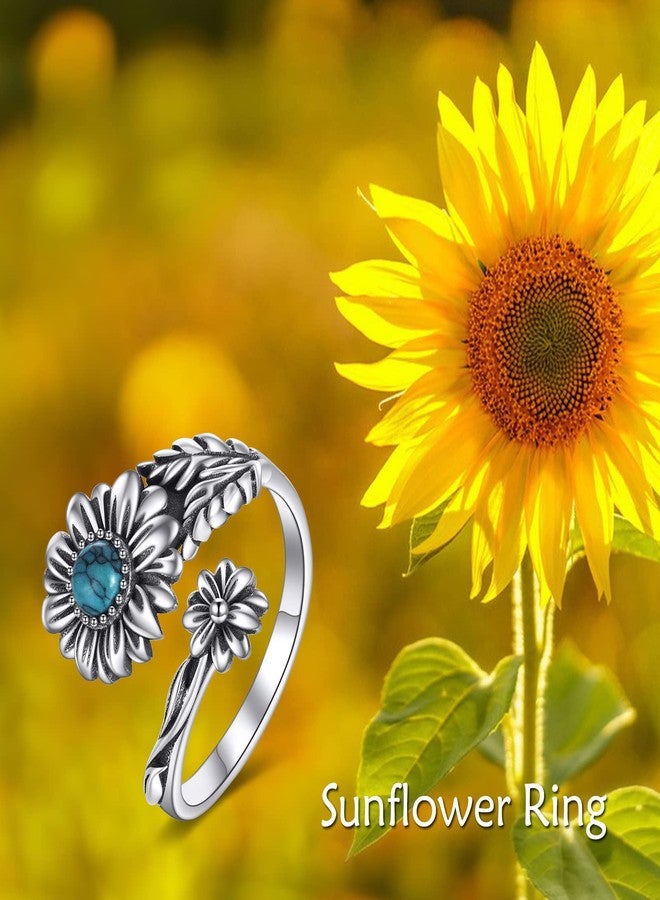 POPLYKE Sterling Silver Turquoise Daisy Spoon Ring Vintage Thumb Rings Boho Adjustable Open Ring Flower Jewelry Gifts for Women - Image 3