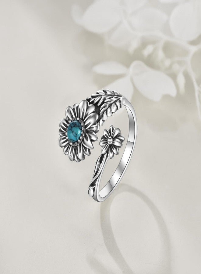 POPLYKE Sterling Silver Turquoise Daisy Spoon Ring Vintage Thumb Rings Boho Adjustable Open Ring Flower Jewelry Gifts for Women - Image 5