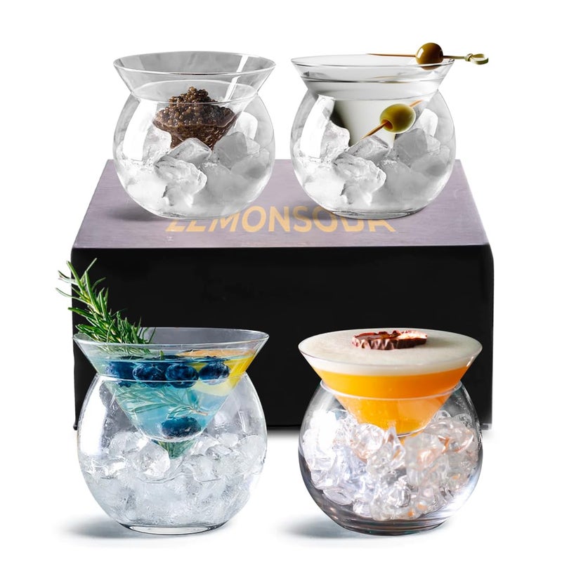 LEMONSODA LEMONSODA Stemless Martini Glasses with Chiller  Set of 4  Elegant Cocktail Glass Set with Server Bowl  Martini Gift Set for Margarita Espresso Martinis Manhattan Cocktails  Housewarming Gifts 