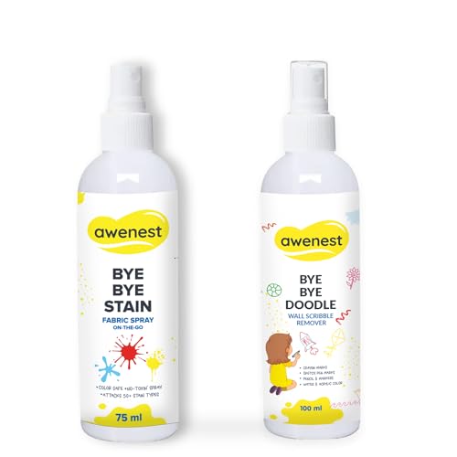 awenest Bye Bye Food Stain & Bye Bye Doodle Combo | Fabric Stain Remover + Wall Scribble Cleaner | Removes Food, Oil, Ink, Crayon, Pencil, Sketch & Acrylic Marks | Safe, Plant-Based Cleaning Sprays - Image 1