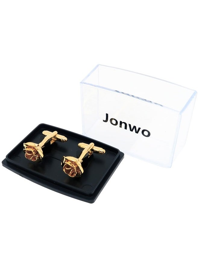 Jonwo - Gold Plated Rose Flower Cufflinks for Men Floral Men's Cuff Link Set for Wedding Shirt Party Business Birthday Anniversary Dress - Image 1