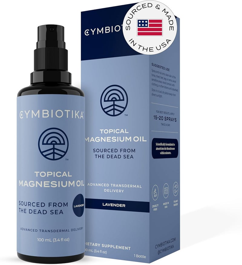 CYMBIOTIKA Topical Magnesium Oil Spray for Body USA Made Supplement for Leg Cramps Muscle Joint Health  Sleep Support Includes Magnesium Chloride Lavender Extract Aloe Vera  Skin Applicator - Image 1