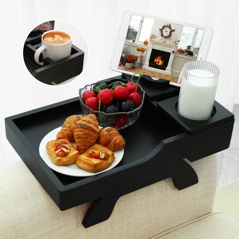 GHKINMAL Couch Cup Holder Tray, 15.4"x9.9" Large 4 in 1 Couch Arm Tray with 360Â°Rotated Phone Holder, Non-Slip Clip on Side Table for Drinks/Remote/Snacks, Ideal Gift for Husband, Wife, Parents - Image 1