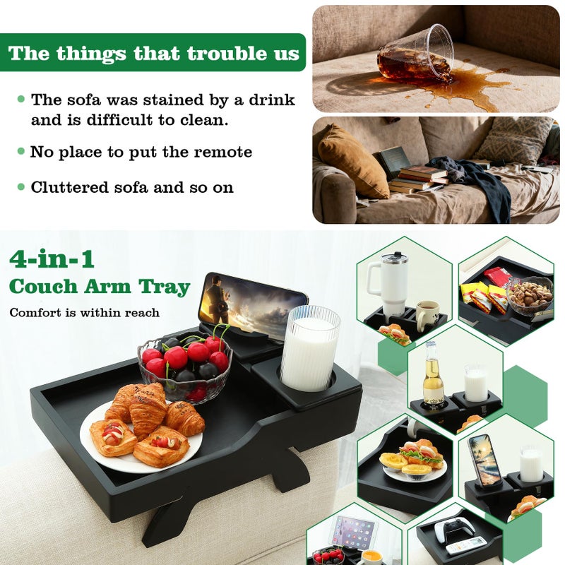 GHKINMAL Couch Cup Holder Tray, 15.4"x9.9" Large 4 in 1 Couch Arm Tray with 360Â°Rotated Phone Holder, Non-Slip Clip on Side Table for Drinks/Remote/Snacks, Ideal Gift for Husband, Wife, Parents - Image 2