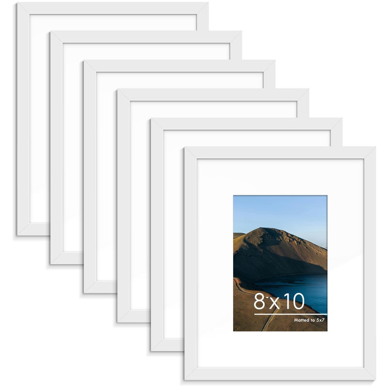 PEALSN 8x10 Picture Frame Set of 6 Display Pictures 5x7 with Mat or 8x10 Without Mat for Wall Mounting or Table Top Display Photo Frames Collage for Wall Decor White