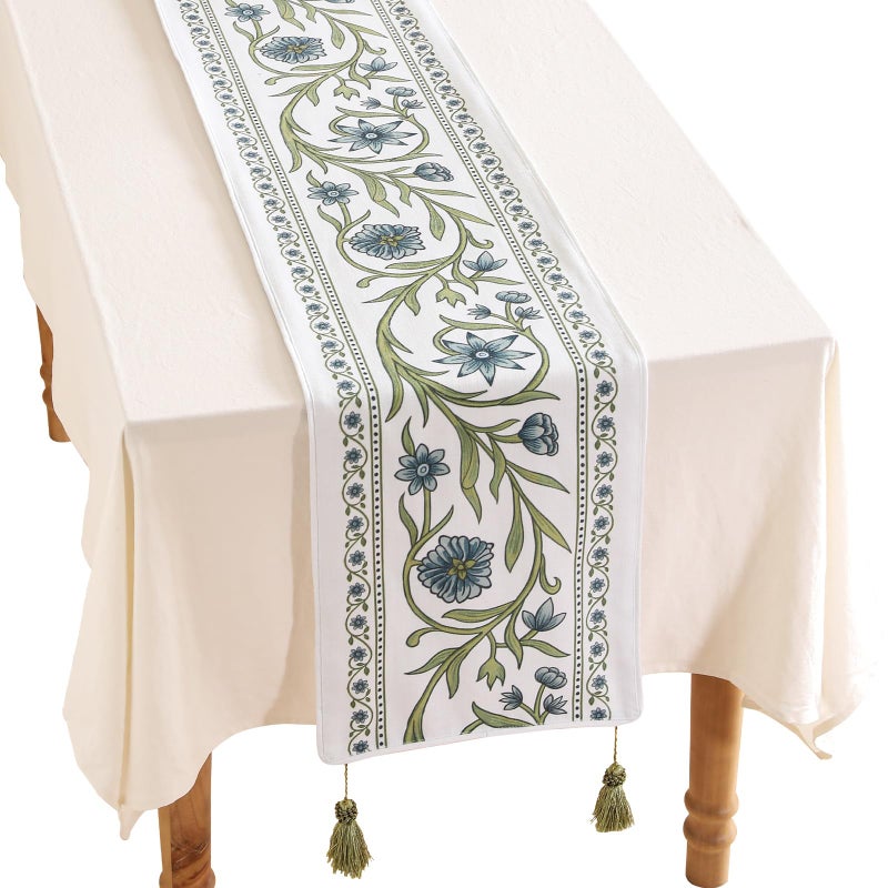 ISAENNE Designer Elegant Linen Table Runner 71 Inches, Vintage Blue Floral Pattern Table Runners for Dining Tables,Decoration for Kitchen,Parties,Thanksgiving,Christmas,New Year,12"x71" - Image 1