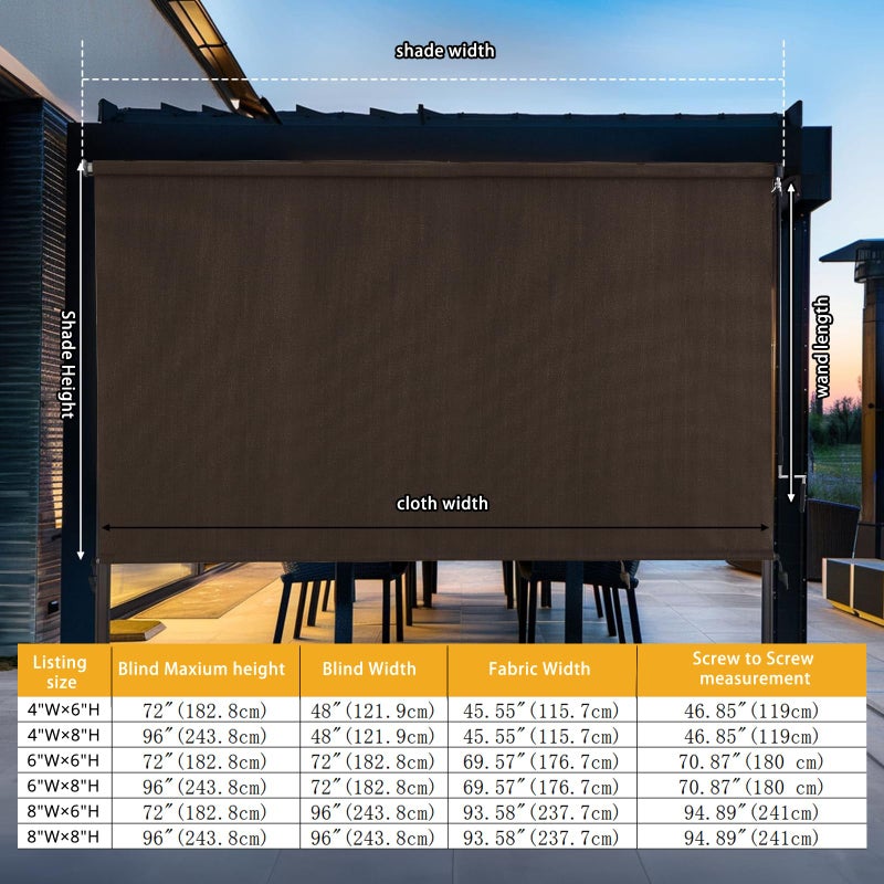 Sunoff Patio Shades Roll Up Outdoor, Cordless Porch Roller Shades Blinds with Shade Cloth for Gazebo Pergola Balcony Backyard, 2 Poles & 1 Fabric, Mocha, 48" Wx72 H - Image 2
