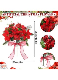 Giegxin Giegxin 4 Pack 13.8 Inch Faux Velvet Poinsettia Berry Xmas Bush for Indoor Outdoor Christmas Tree Ornament Home Porch Decor(Red, Green,Novel)  - Image 2