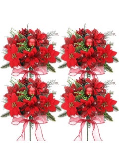 Giegxin Giegxin 4 Pack 13.8 Inch Faux Velvet Poinsettia Berry Xmas Bush for Indoor Outdoor Christmas Tree Ornament Home Porch Decor(Red, Green,Novel)  - Image 1
