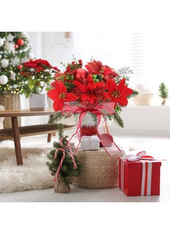 Giegxin Giegxin 4 Pack 13.8 Inch Faux Velvet Poinsettia Berry Xmas Bush for Indoor Outdoor Christmas Tree Ornament Home Porch Decor(Red, Green,Novel)  - Image 4