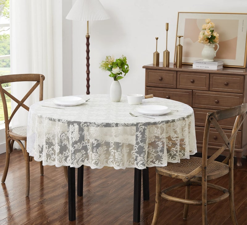 LinenZone Small Ivory Round Tablecloth for Rustic Vintage Decor. Sheer Lace Table Cloth Works Great As Wedding Tablecloth or Thanksgiving Table Cover. (Mia 36 Round, Ivory) - Image 1