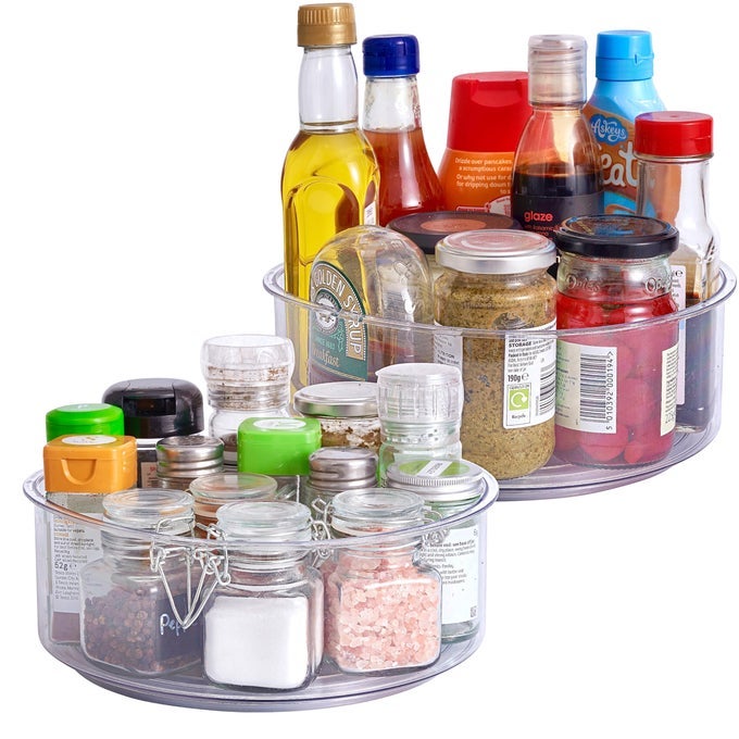 2 PACK CLEAR LAZY SUSAN TURNTABLE SHELF ORGANISER 360 23CM HIGH RIM ROTATING SPICE JARS STORAGE HOLDER CONDIMENTS COSMETICS KITCHEN FRIDGE PANTRY CUPBOARD