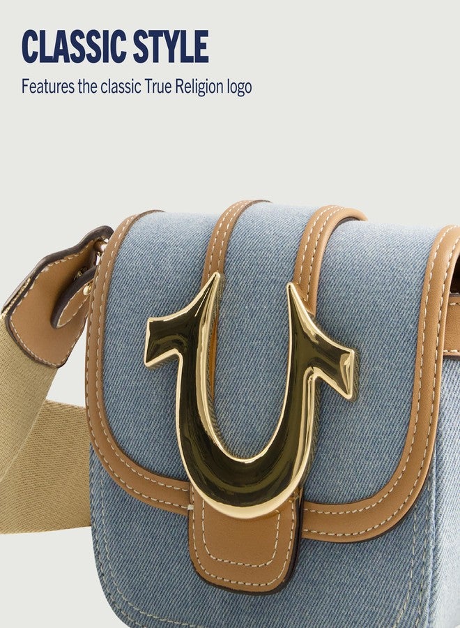 True Religion Women's Crossbody Bag, Denim Mini Flap Adjustable Shoulder Purse Handbag with Horseshoe Logo, Light Blue - Image 3