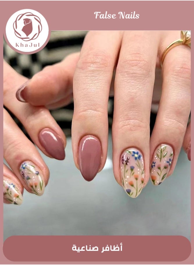 KHAJUL 24 Pcs Fall Press on Nails Extra Short Almond,Short French Tip Fake Nails Press ons Nail Tips Glue on Nails Full Cover Acrylic Nail Kit False Nails with Flowers Nail Art Design for Women - Image 1