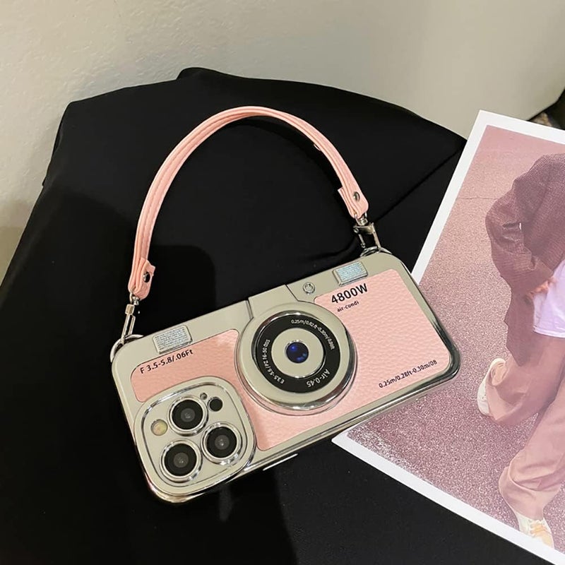 QoKcoahn 3D Vintage Camera Phone Case with Hand Strap - Unique Cool Silicone PC Shockproof Crossbody Protective Case for iPhone 11 Pro Max-Pink - Image 3