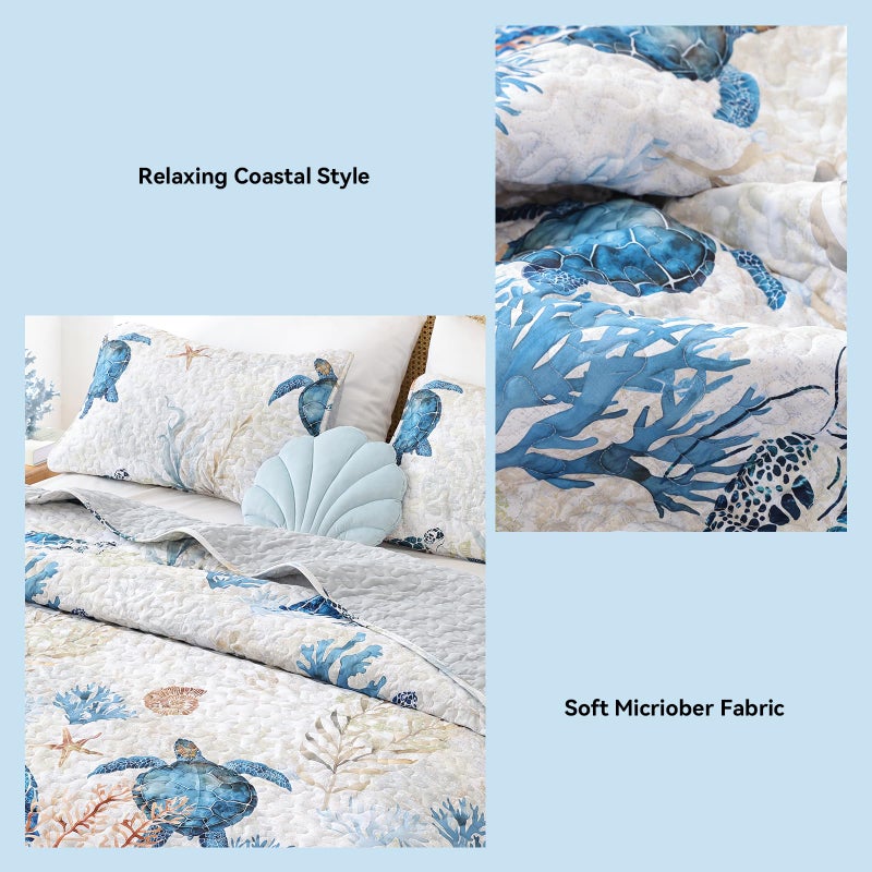 weigelia Coastal Quilt Set King Size - Sea Turtle Ocean Print Lightweight Soft Microfiber Summer Comforter with 2 Pillow Cases - Beach Bedding Coverlet Decor for All Seasons, Bedroom & Guest Room - Image 5