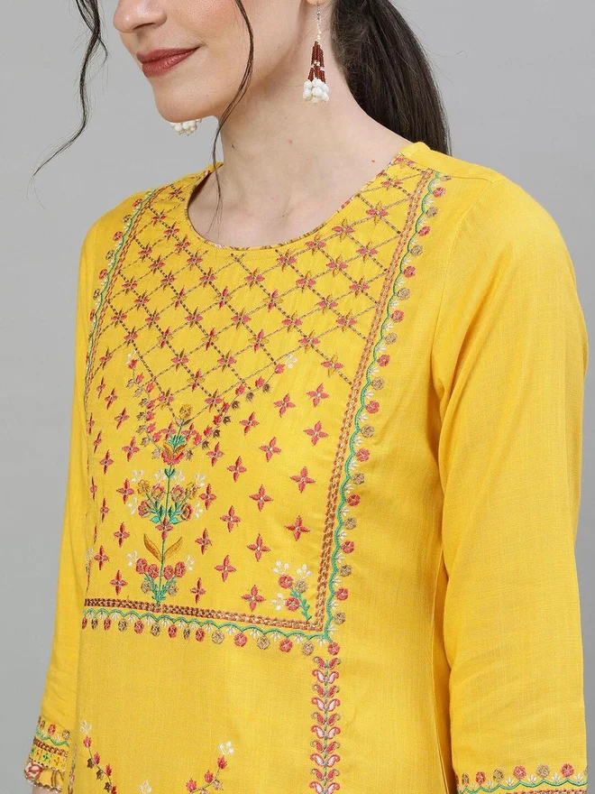 ISHIN ISHIN Women Yellow Embroidered Kurta with Skirt and Dupatta Set
